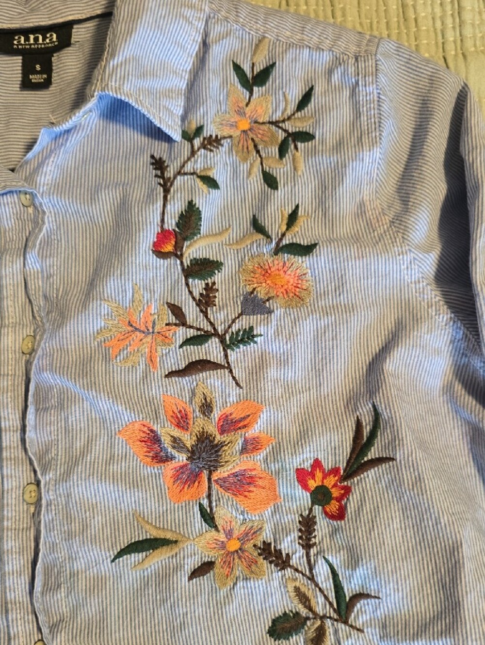 a.n.a Light Blue and White Pinstripe Button-Down Shirt with Subtle Embroidery
